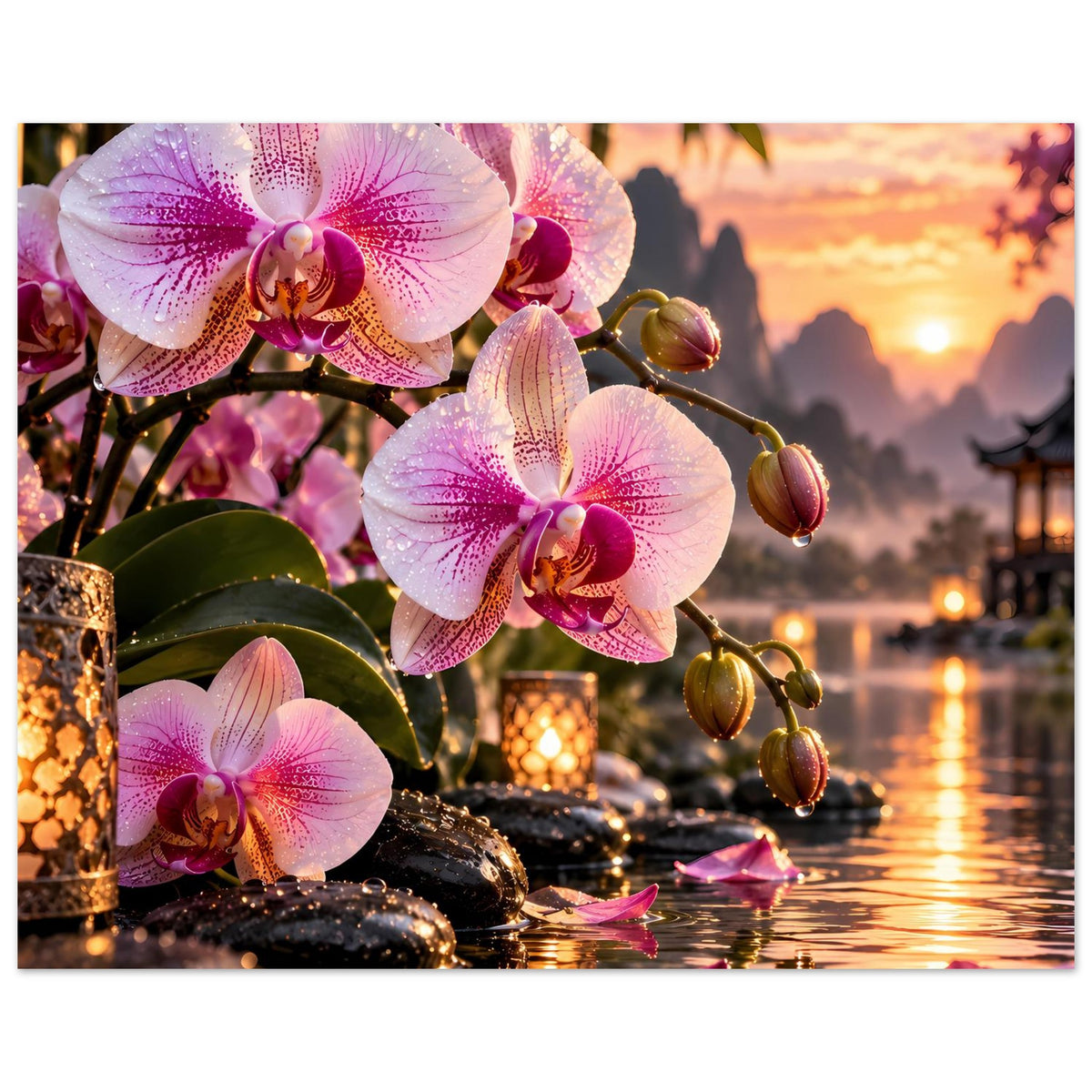 Orchideen-Poster mit rosa Orchideen, dunklen Steinen und Kerzenlichtern am See