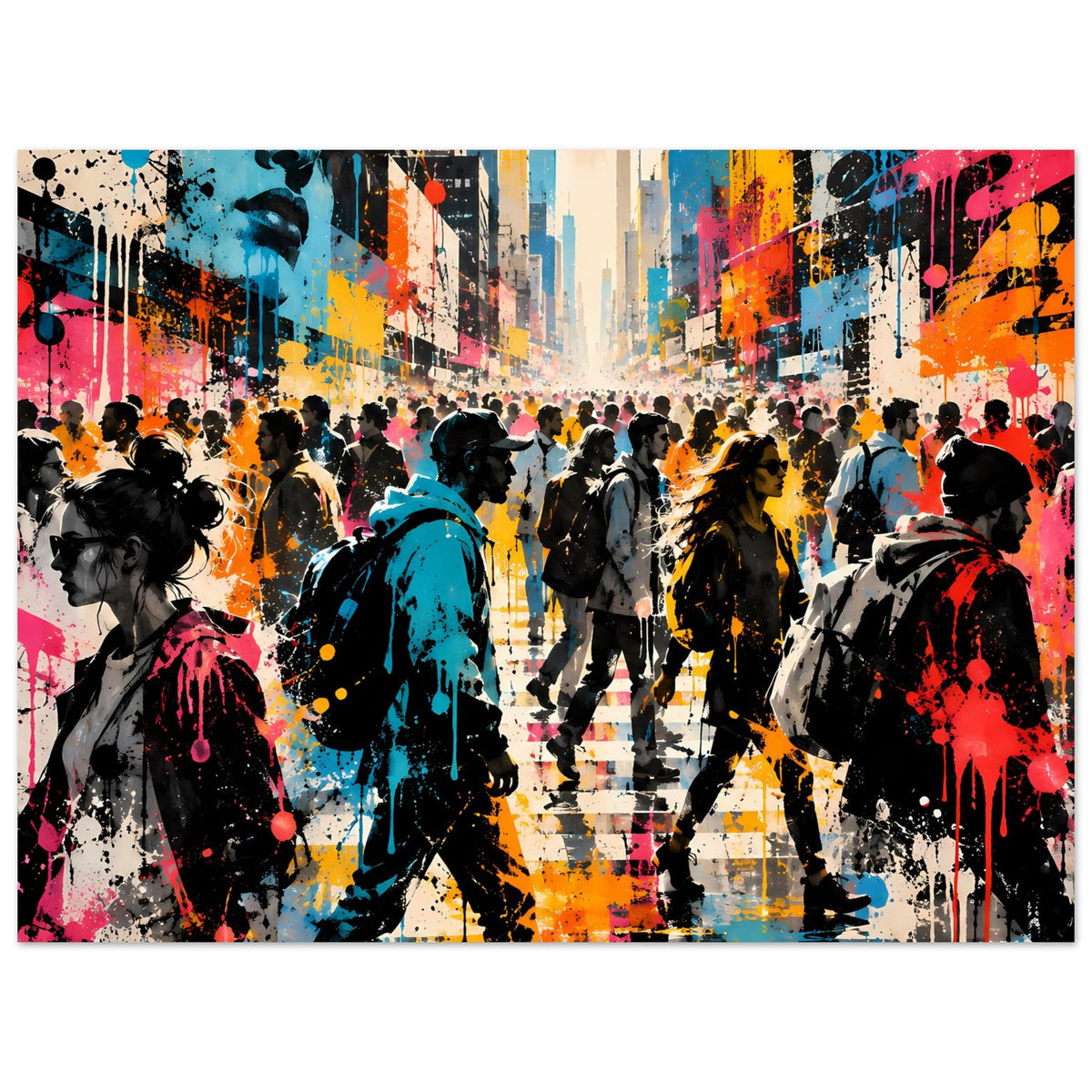Street-Art-Poster mit überlaufender Farbpalette, Menschenmenge und düsteren Silhouetten