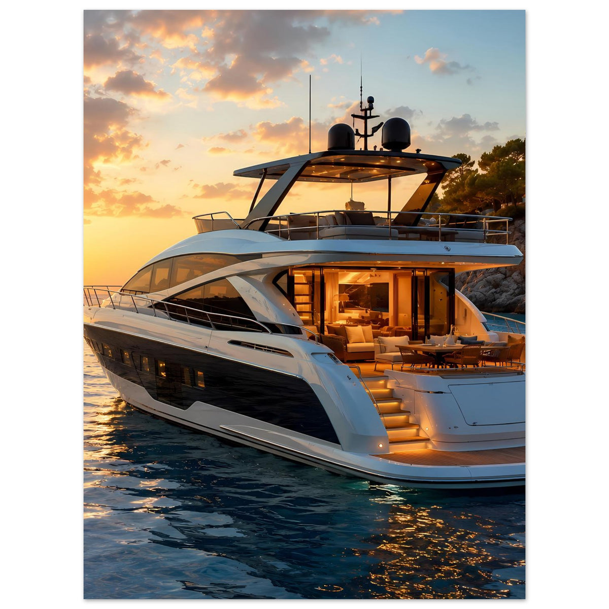 Poster mit Yacht an der Bucht bei Sonnenuntergang, warme Beleuchtung auf dem Deck