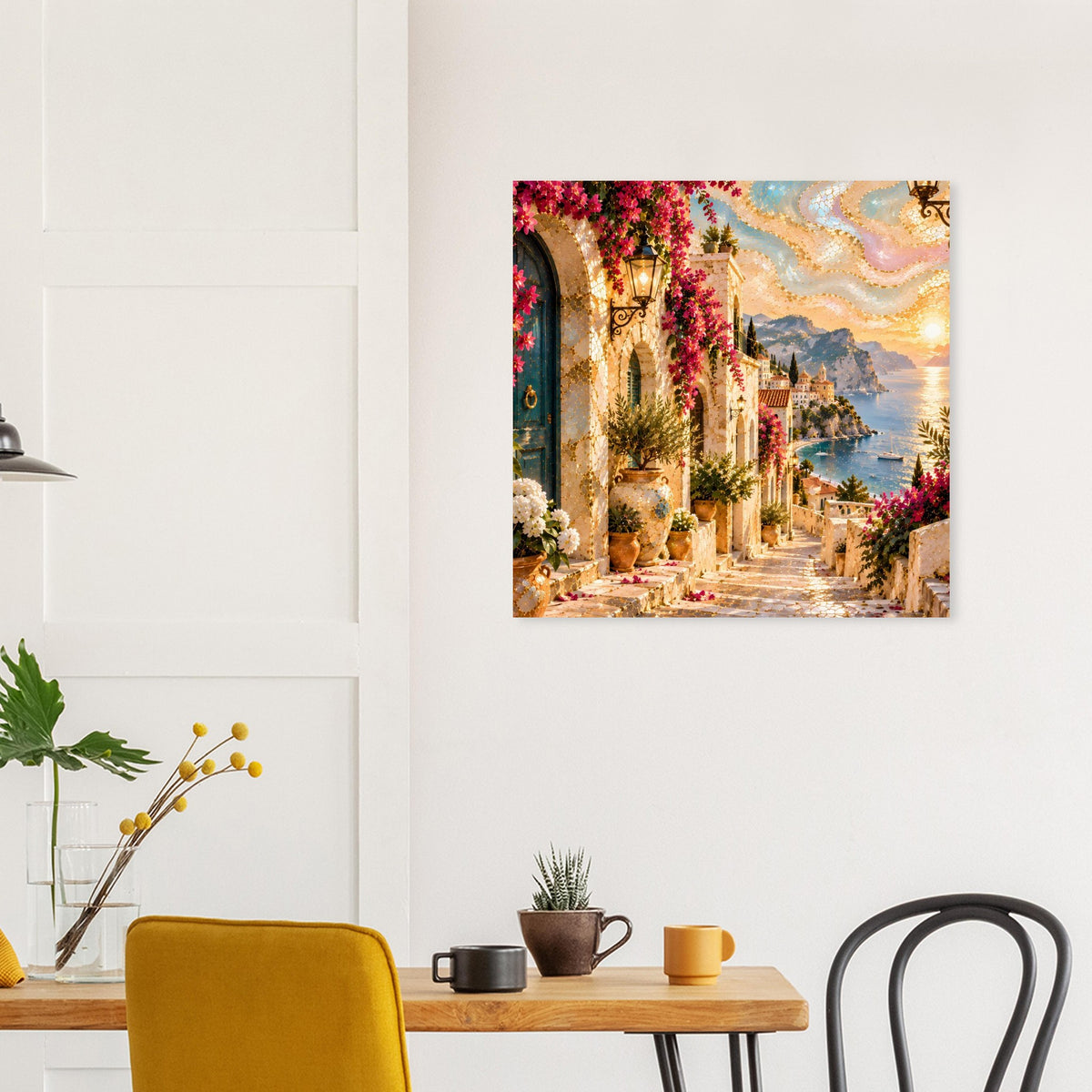 Poster mit Häuserreihe am Wasser, bunten Blüten und wolkigem Sonnenuntergang