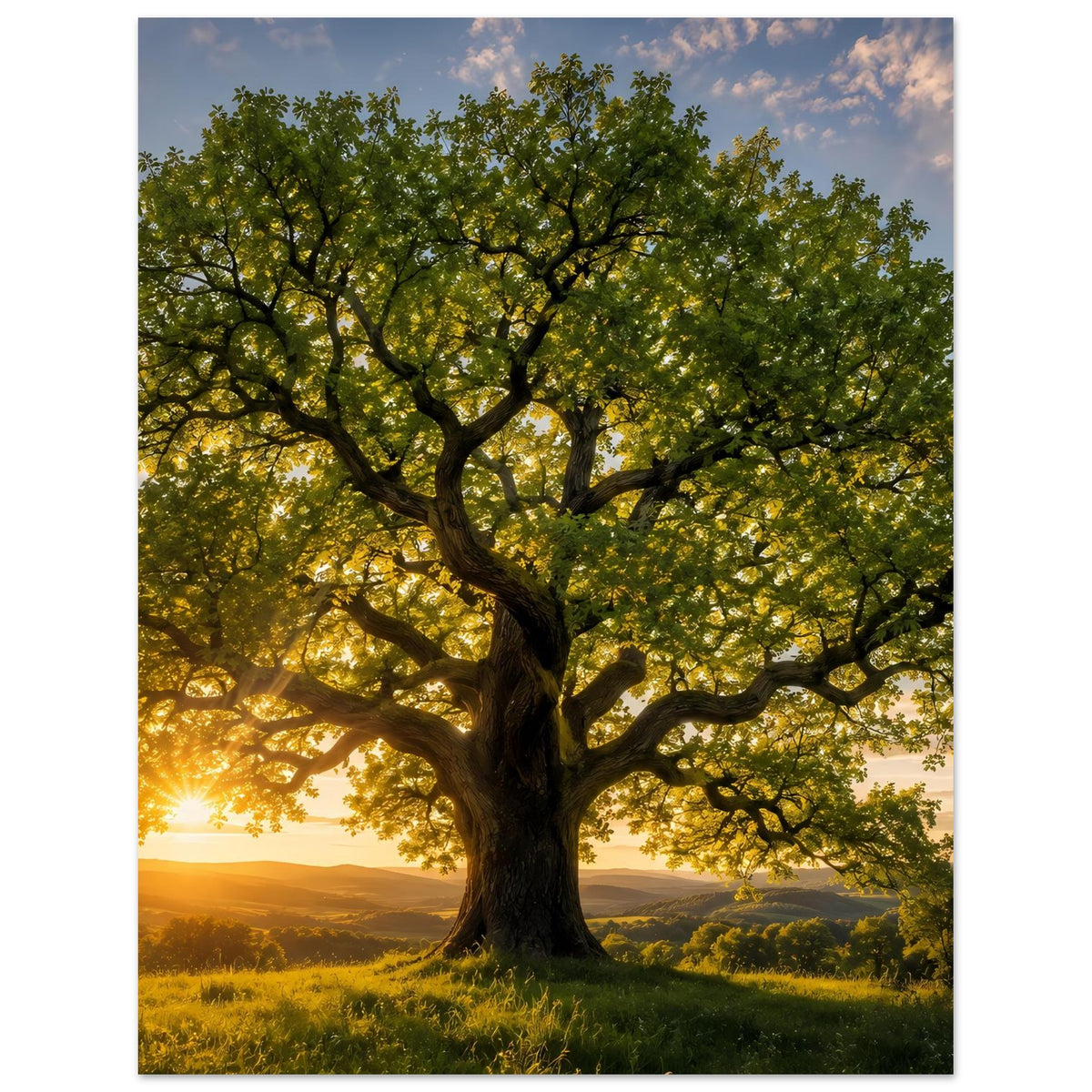 Poster mit Baum im Gegenlicht, leuchtende Sonne im Hintergrund und grüne Blätter
