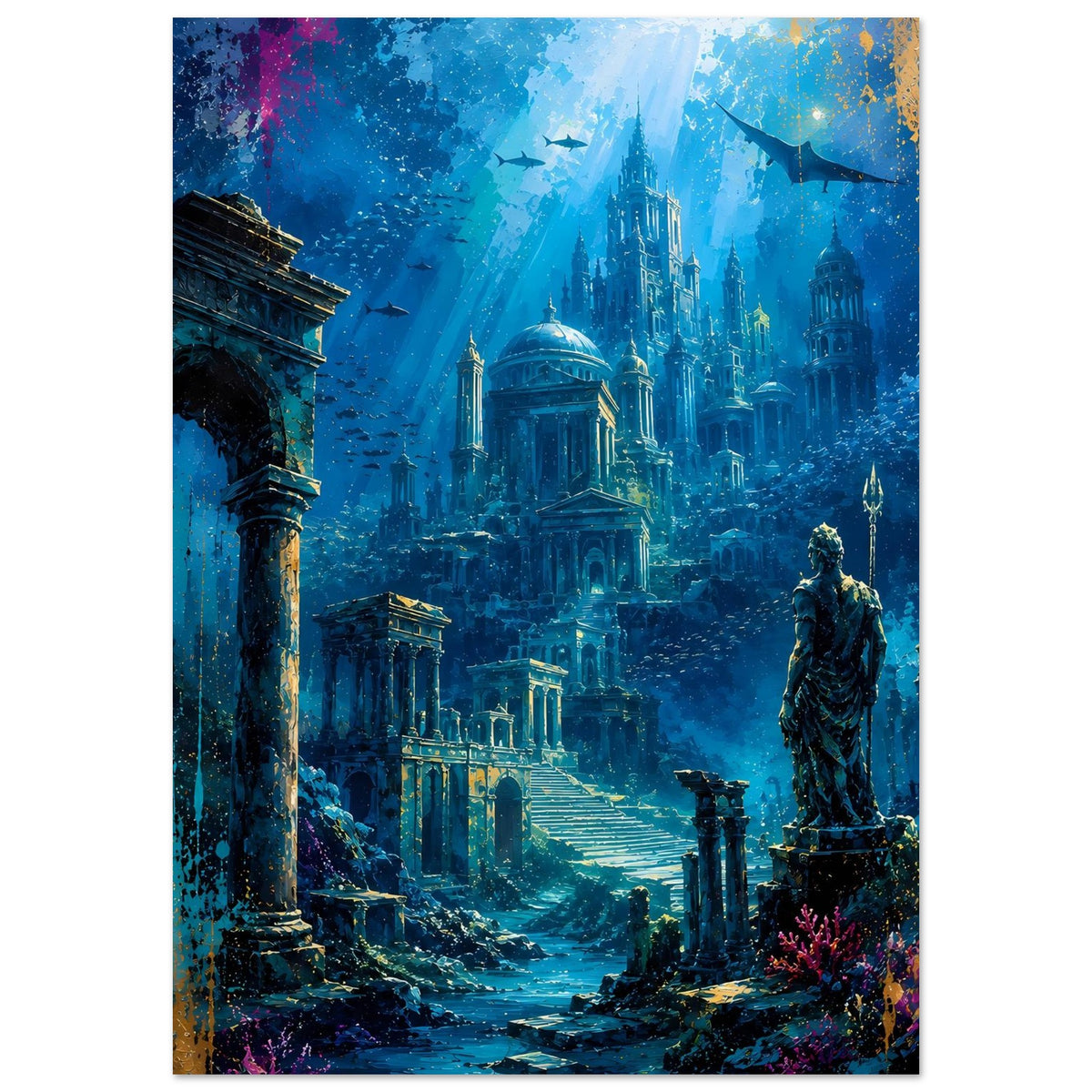 Unterwasserstadt-Poster mit blauem Atlantis, mächtige Säule links und ruhige Statue rechts