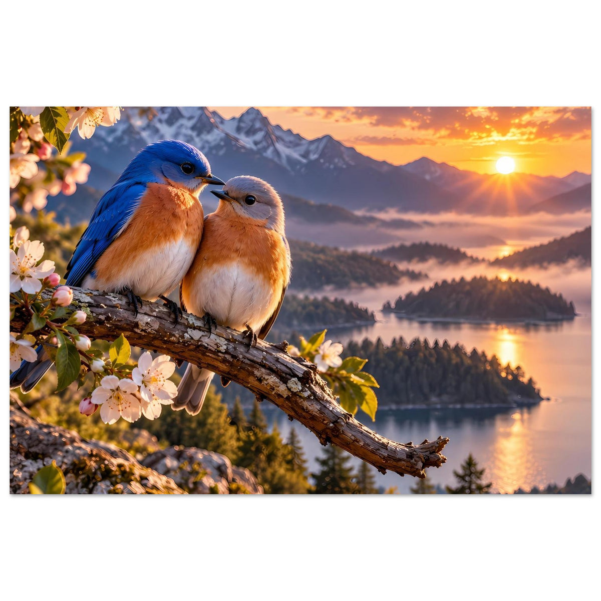 Querformat-Poster mit zwei Vögeln auf Ast, blau/braun, Sonnenuntergang über Bergsee