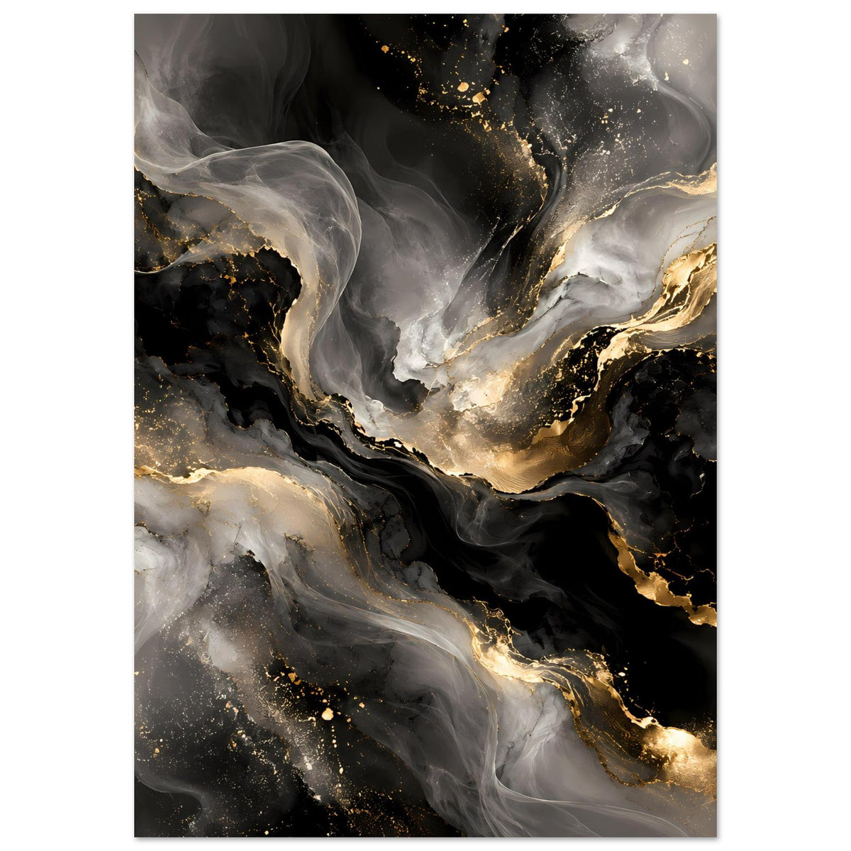 Abstraktes Kunstposter im Hochformat: goldene Kanten, schwarze Kerne und graue Schlieren