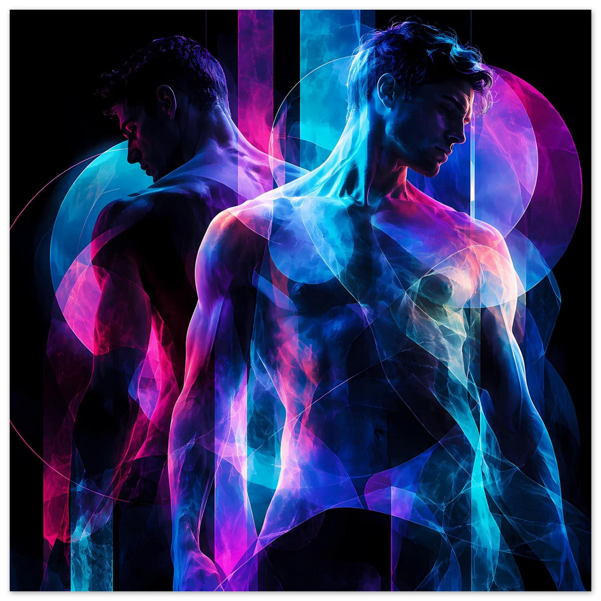 Leuchtendes Kunstposter mit zwei Silhouetten und Kreisformen, Blau und Pink
