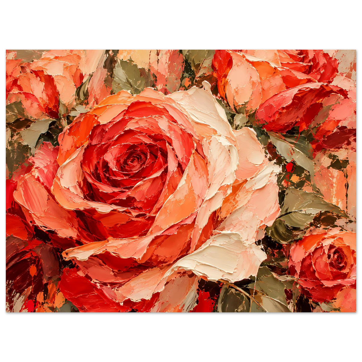 Wandposter mit Textur-Rosen in Rot, Apricot und Creme, mehrere kleinere Rosen im Motiv