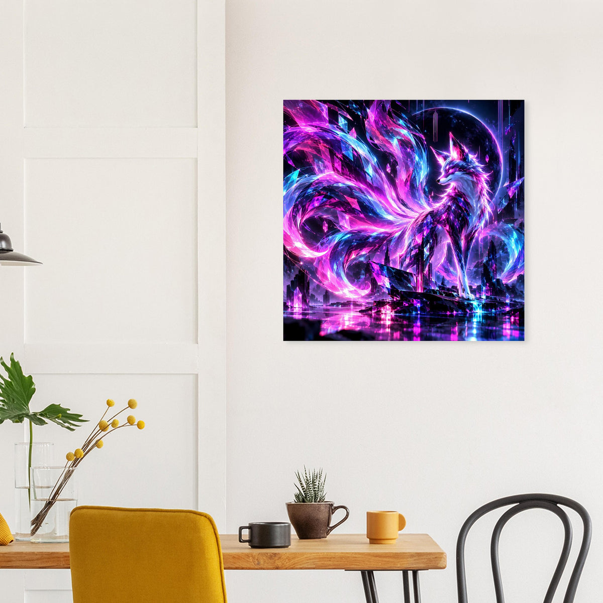 Quadratisches Fantasy-Poster mit leuchtendem Neon-Fuchs, violett-blauer Energie und Sternfunkeln
