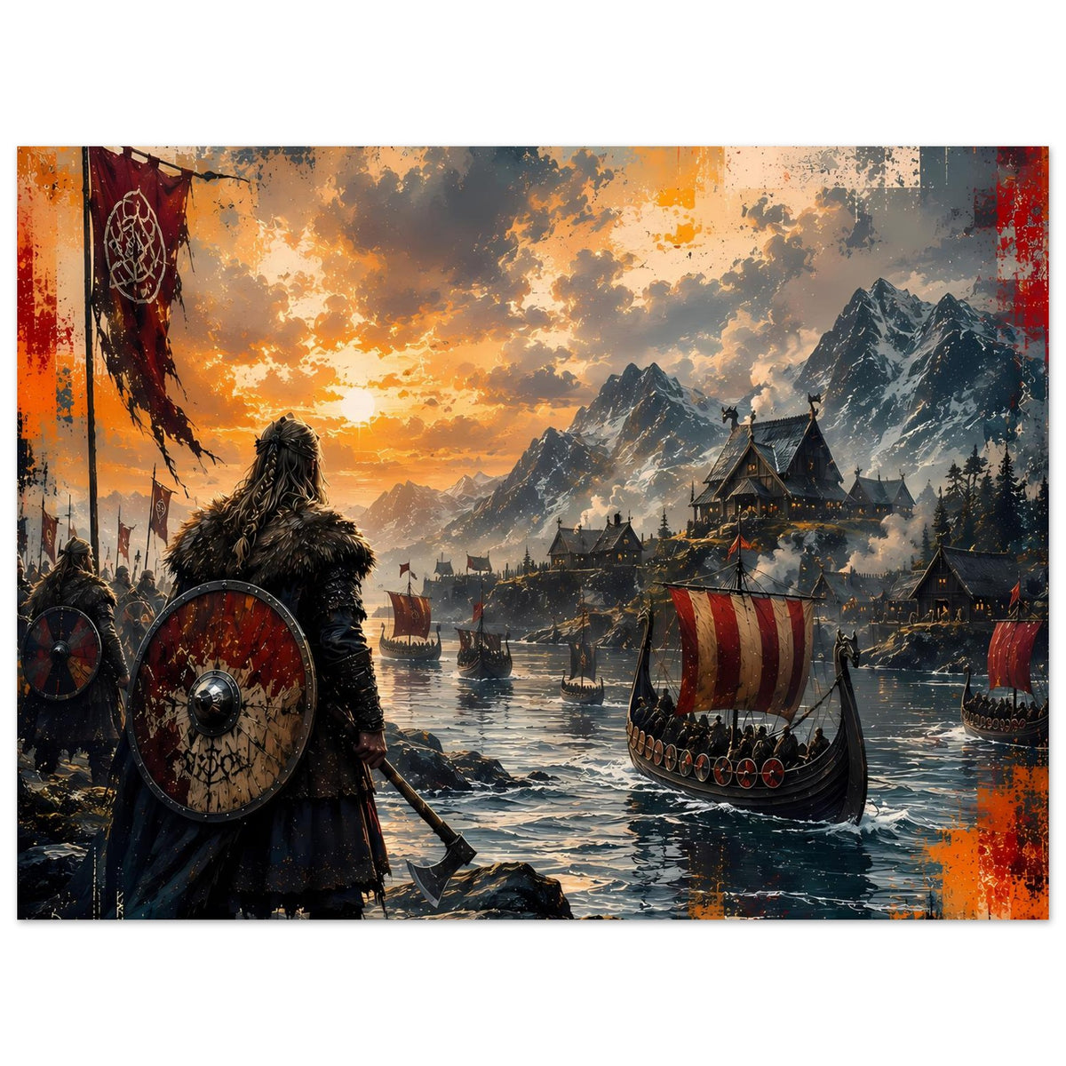Wikinger-Saga-Poster: Schildträger am Ufer und Langschiff vor Bergen bei Sonnenlicht.