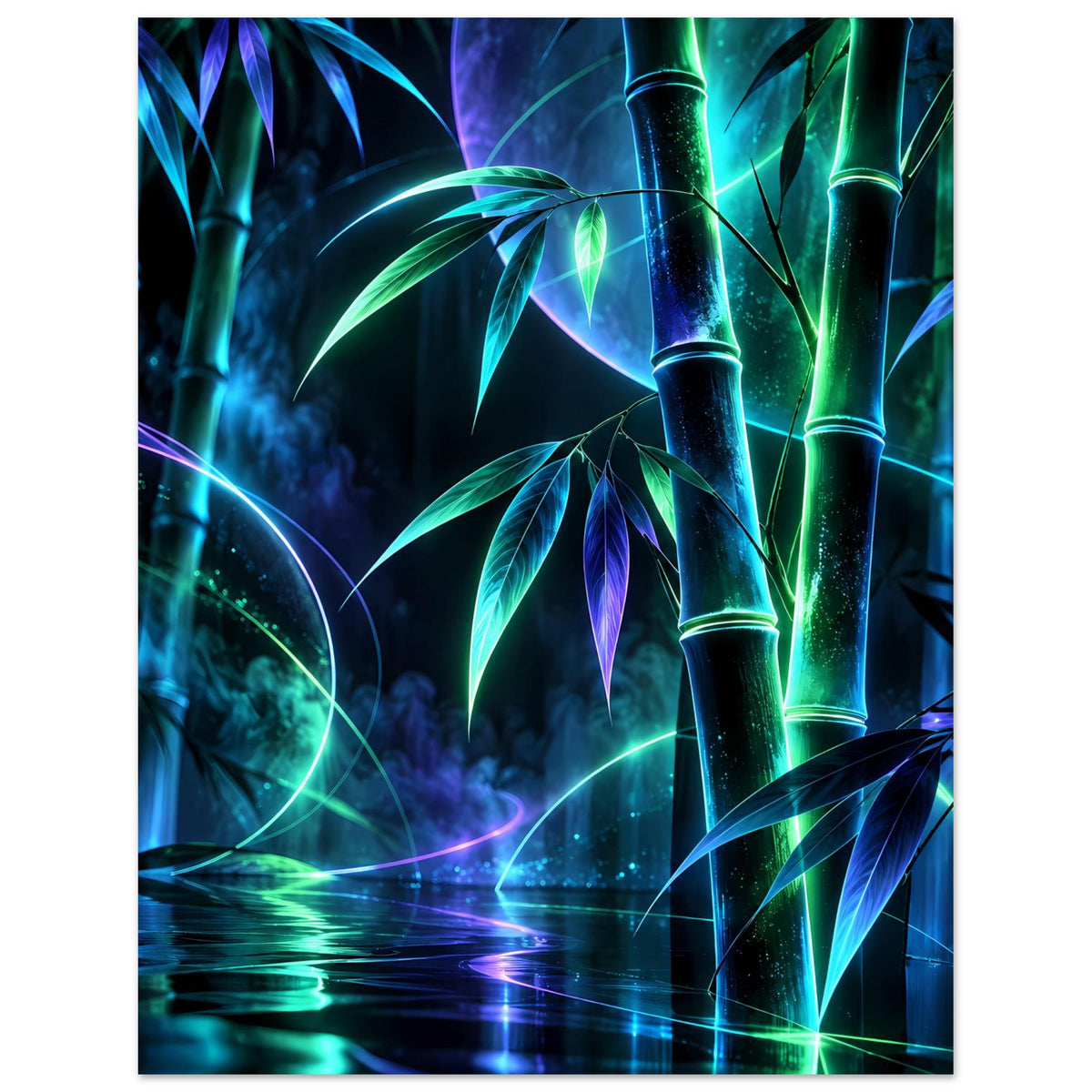 Leuchtendes Neon-Bambusposter, hochformatig: Bambusblätter und grüne/blau leuchtende Linien.