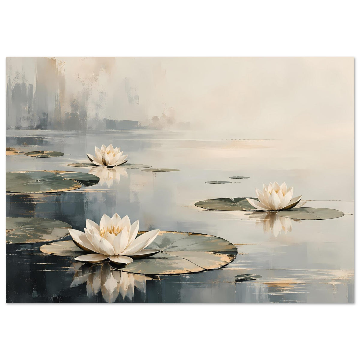 Poster mit drei weißen Seerosenblüten auf ruhigem Wasser in neutralen Pastelltönen