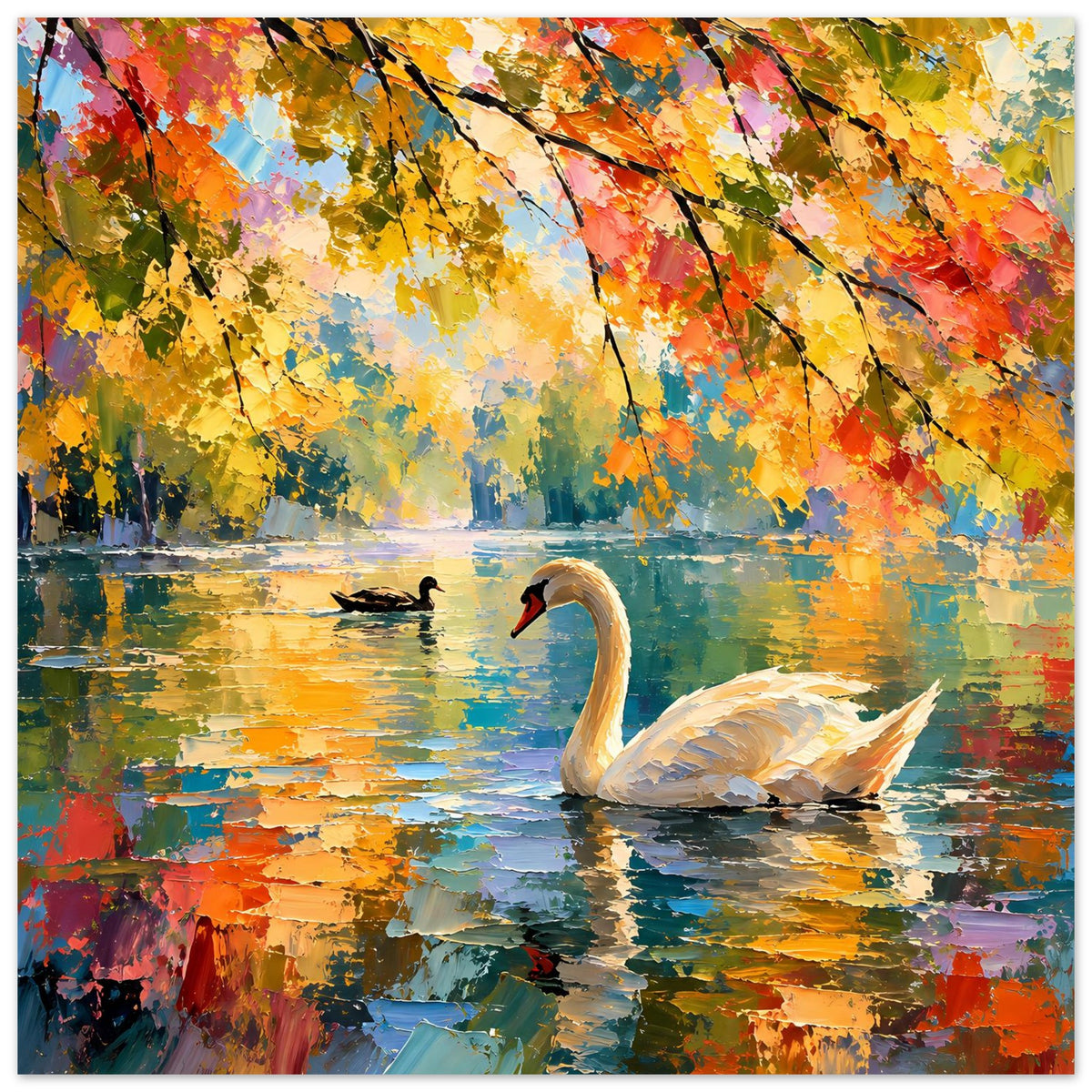 Kunst-Poster: Schwan im Vordergrund, kleiner Vogel auf dem Wasser, Herbstblätter am Rand