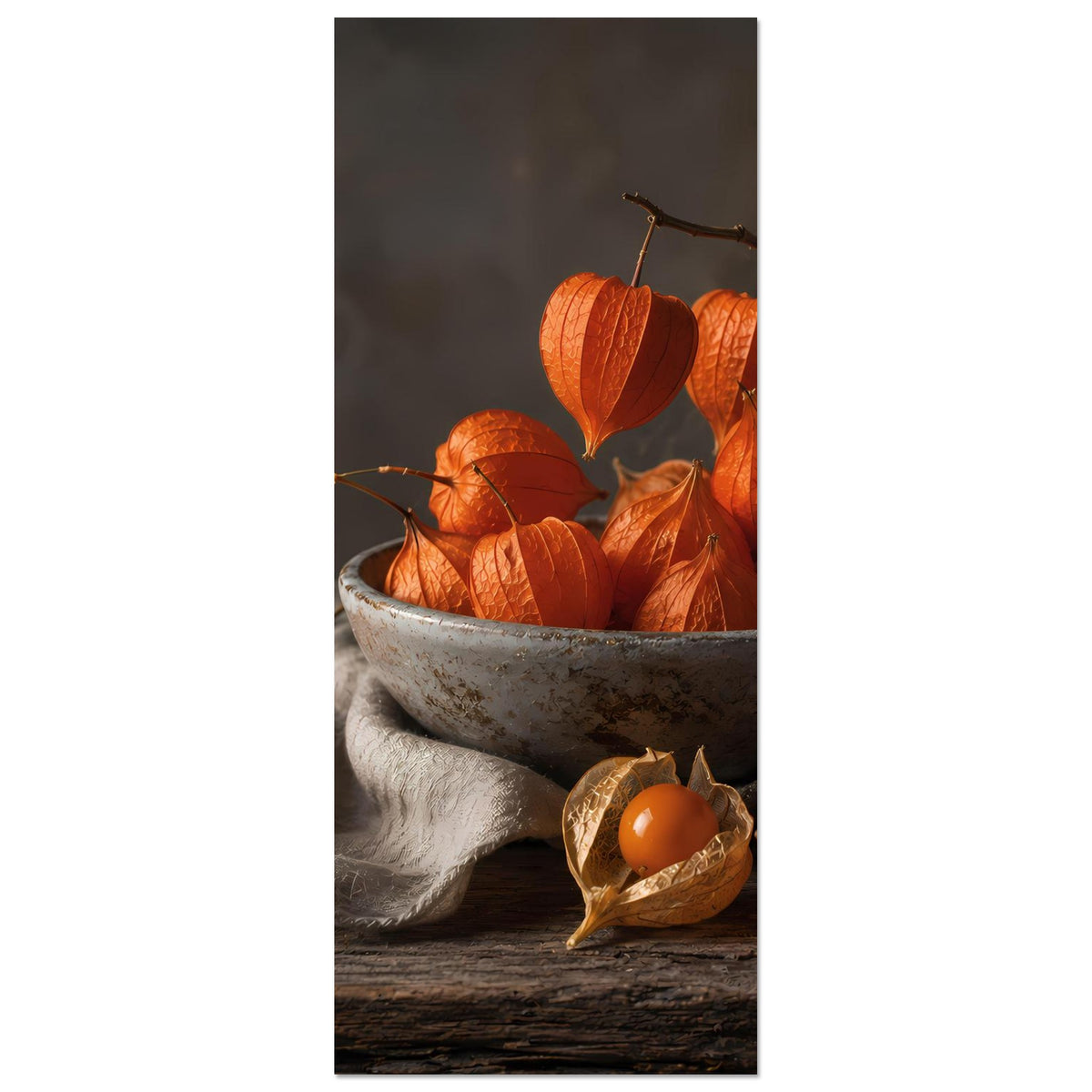 Herbstposter im Hochformat: Schüssel, orangefarbene Blätter und Nussfrucht im Fokus