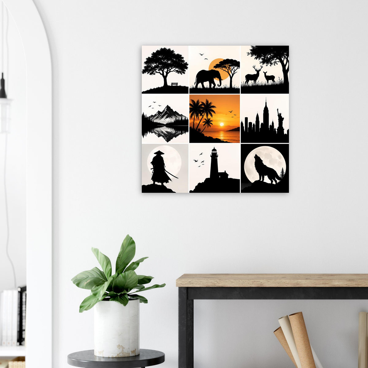 Quadratisches Poster mit 3x3 Silhouetten: Natur, Tiere und Stadt, Schwarz-Weiß mit Orange