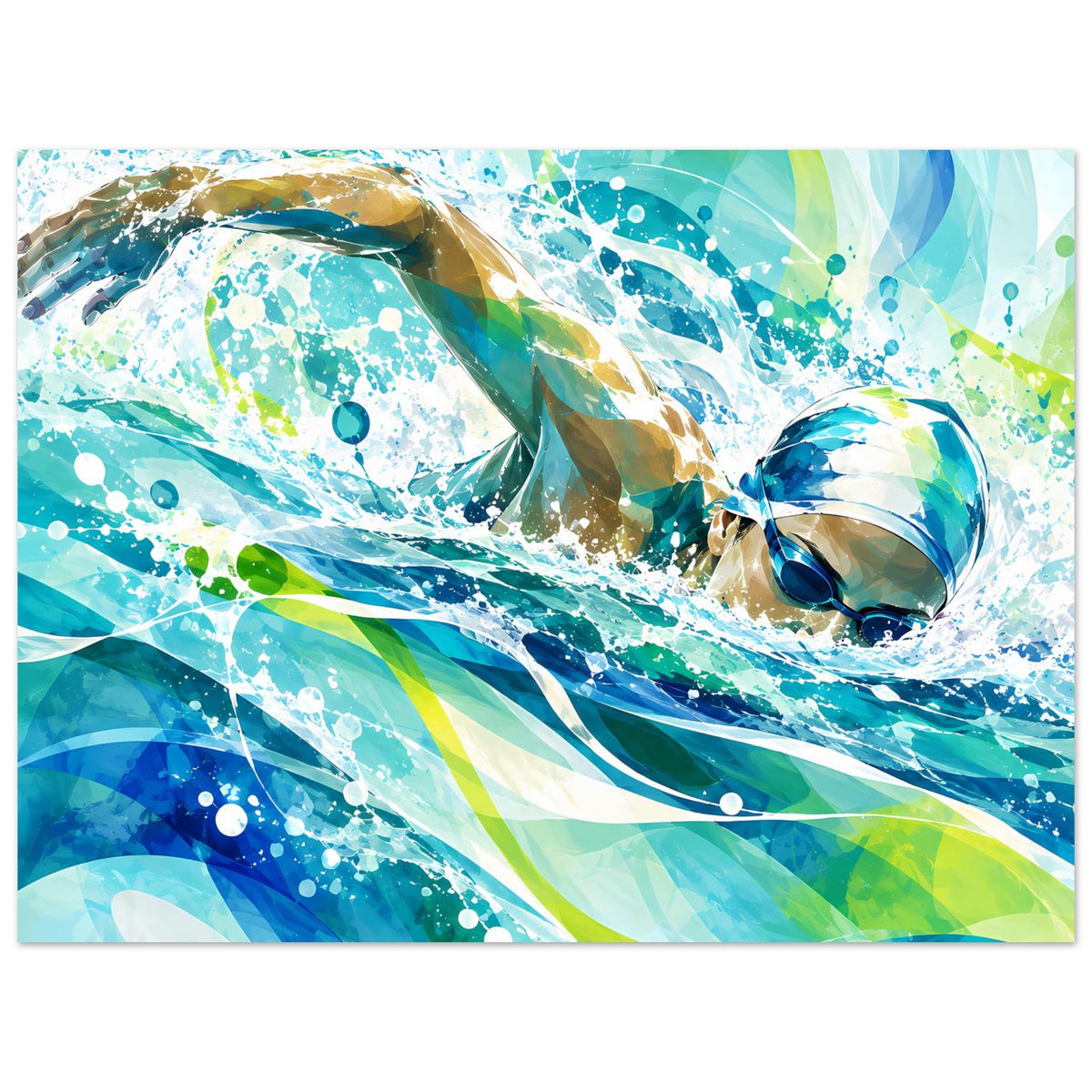 Querformat-Poster mit Schwimmer im Wasser, geometrische Wellen in Blau und Grün