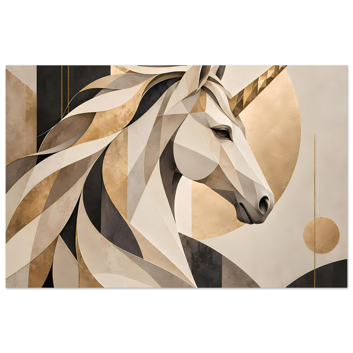Horizontales Poster mit geometrischem Einhorn-Porträt in Beige, Schwarz und Weiß