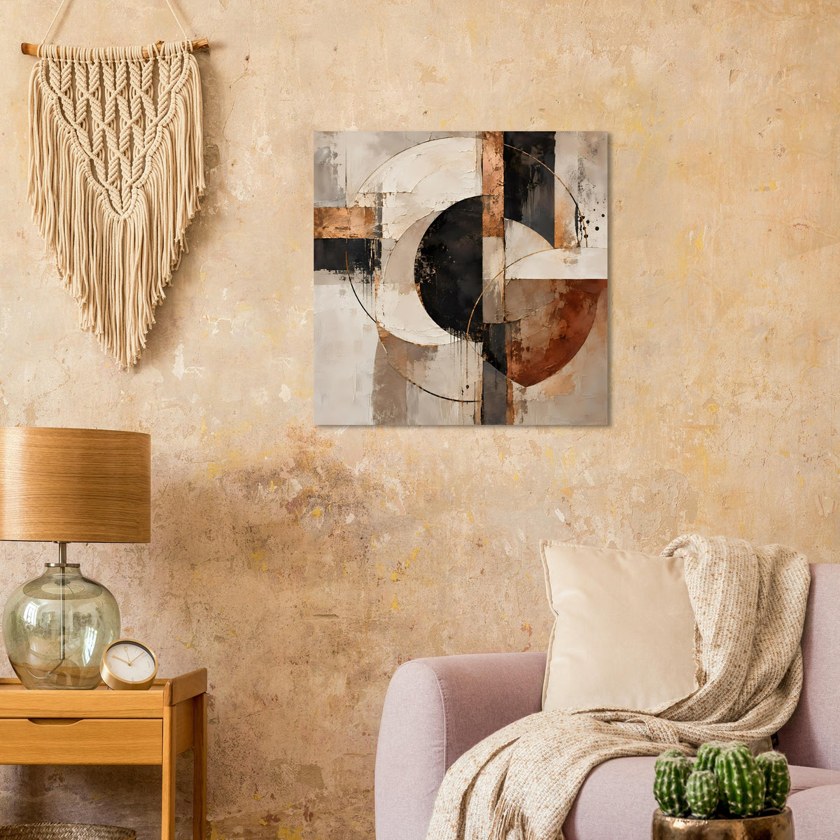 Abstraktes Kunstposter mit schwarzen Halbkreisen, beigen Flächen und rostbraunen Segmenten