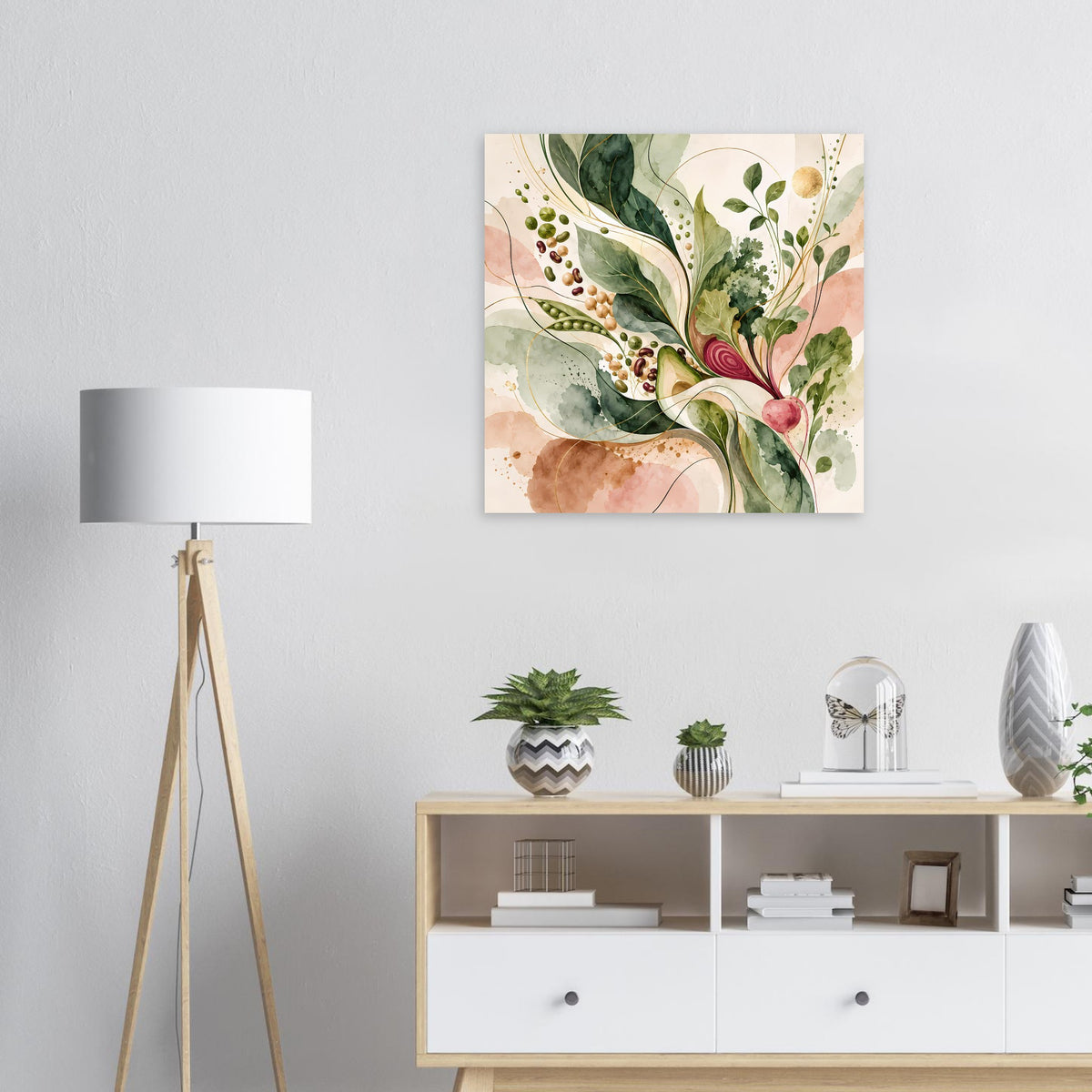 Botanisches Naturposter mit abstrakten Blättern in Salbeigrün, Beige und Rosé