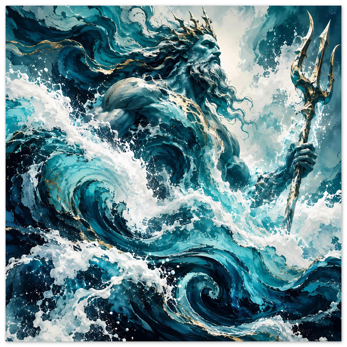 Poster mit Poseidon/Ozean-Gott, Meereswellen in Blau und goldener Dreizackform rechts