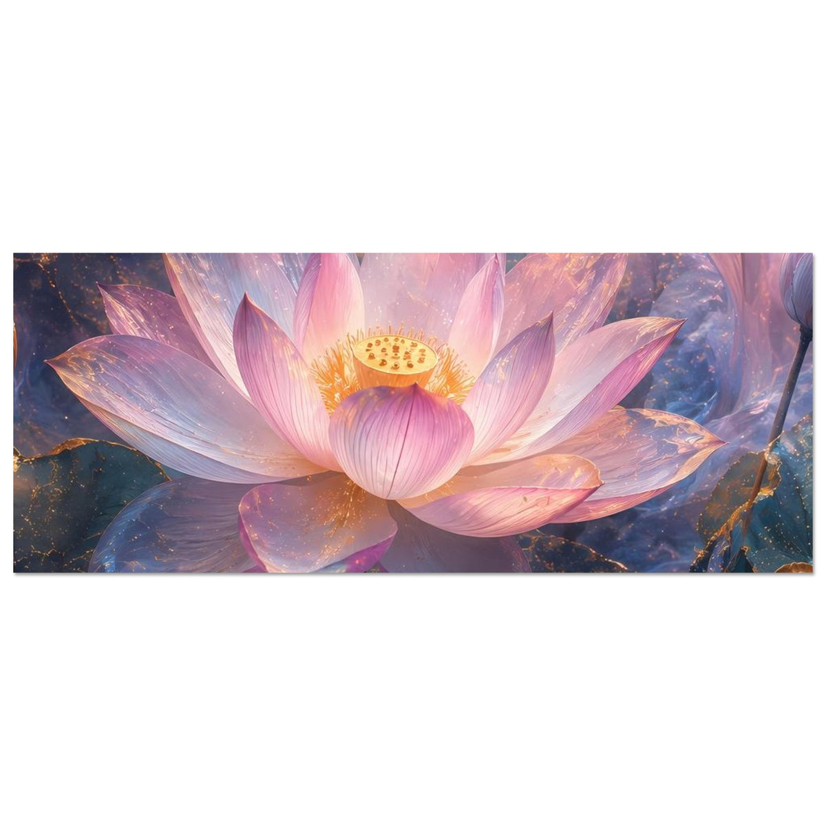 Horizontales Poster mit Lotusblüte in Rosa und Lila, goldener Blütenmitte