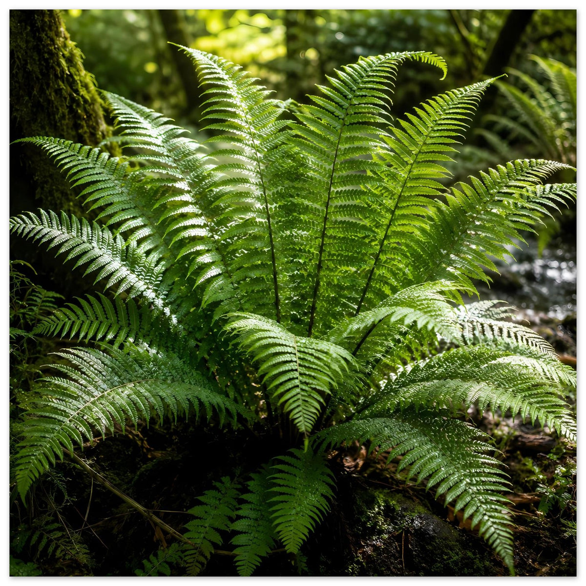 Botanisches Naturposter mit grünen Farnwedeln, dichter Farnbusch in Grünnuancen