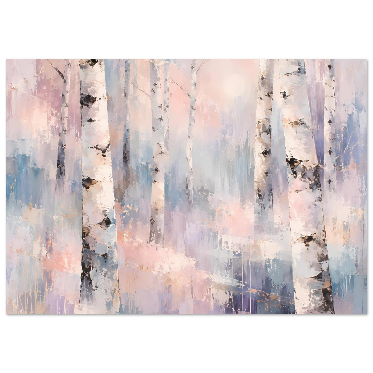Querformat-Wandposter Birkenwald in Pastell, klare Baumstämme und helle Hintergründe