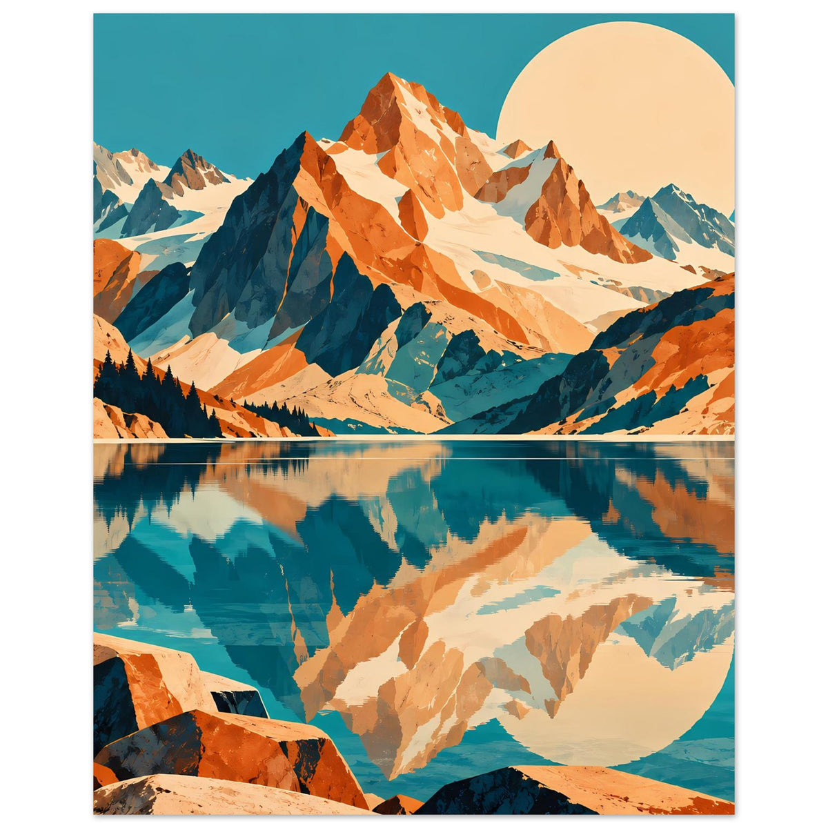 Naturposter im Hochformat: Berge mit See-Spiegelung und großer Mondscheibe, blau/orange