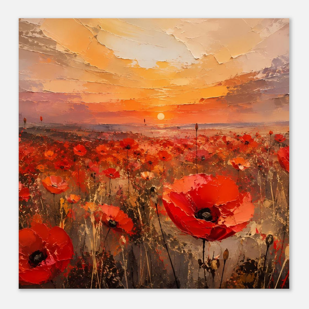 Poster im Querformat: orange Sonnenuntergang über rotem Mohnblumenfeld