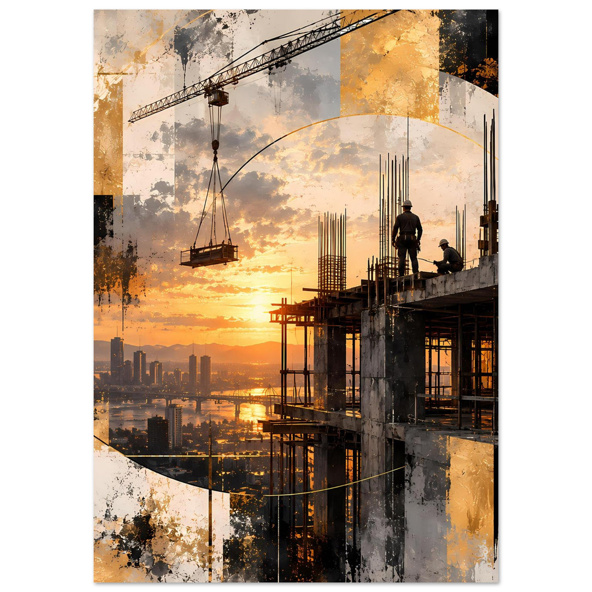 Abstraktes Baukunst-Poster: Baustelle im Abendlicht mit Kranhaken und Gerüst