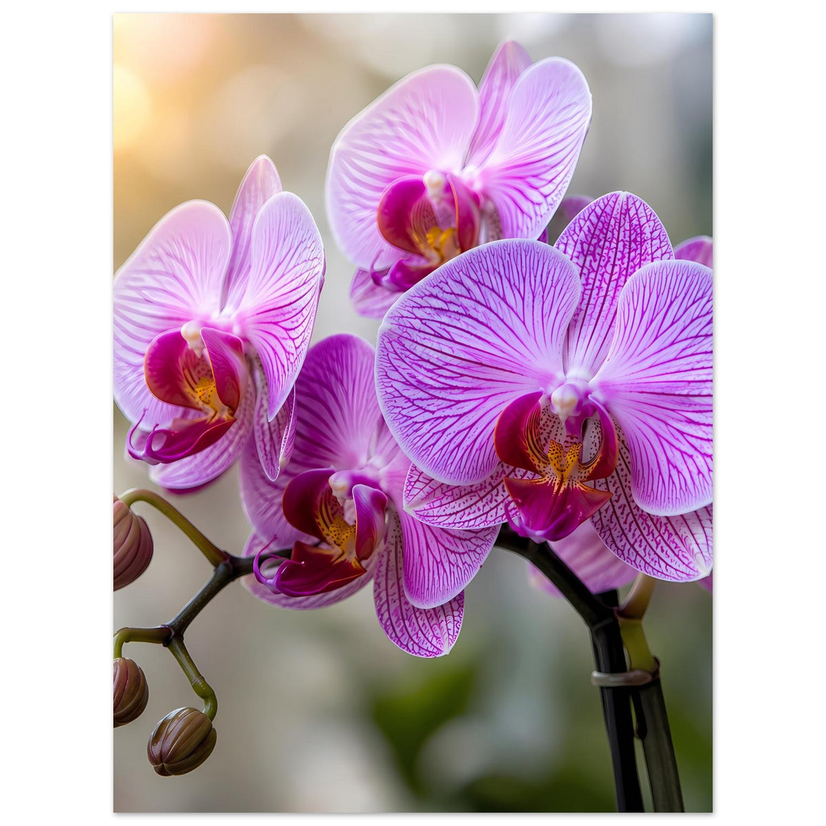 Poster mit violetten Orchideenblüten und Knospen am Zweig