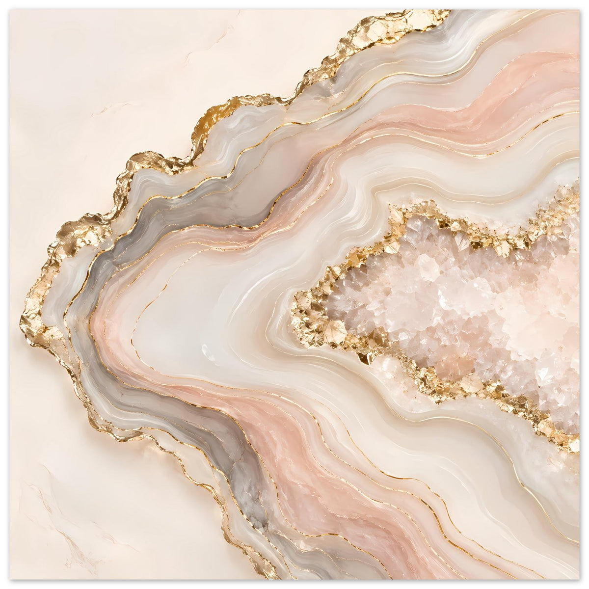 Abstraktes Poster mit zarten Geoden-Kristallen in Rosé, Creme und Gold