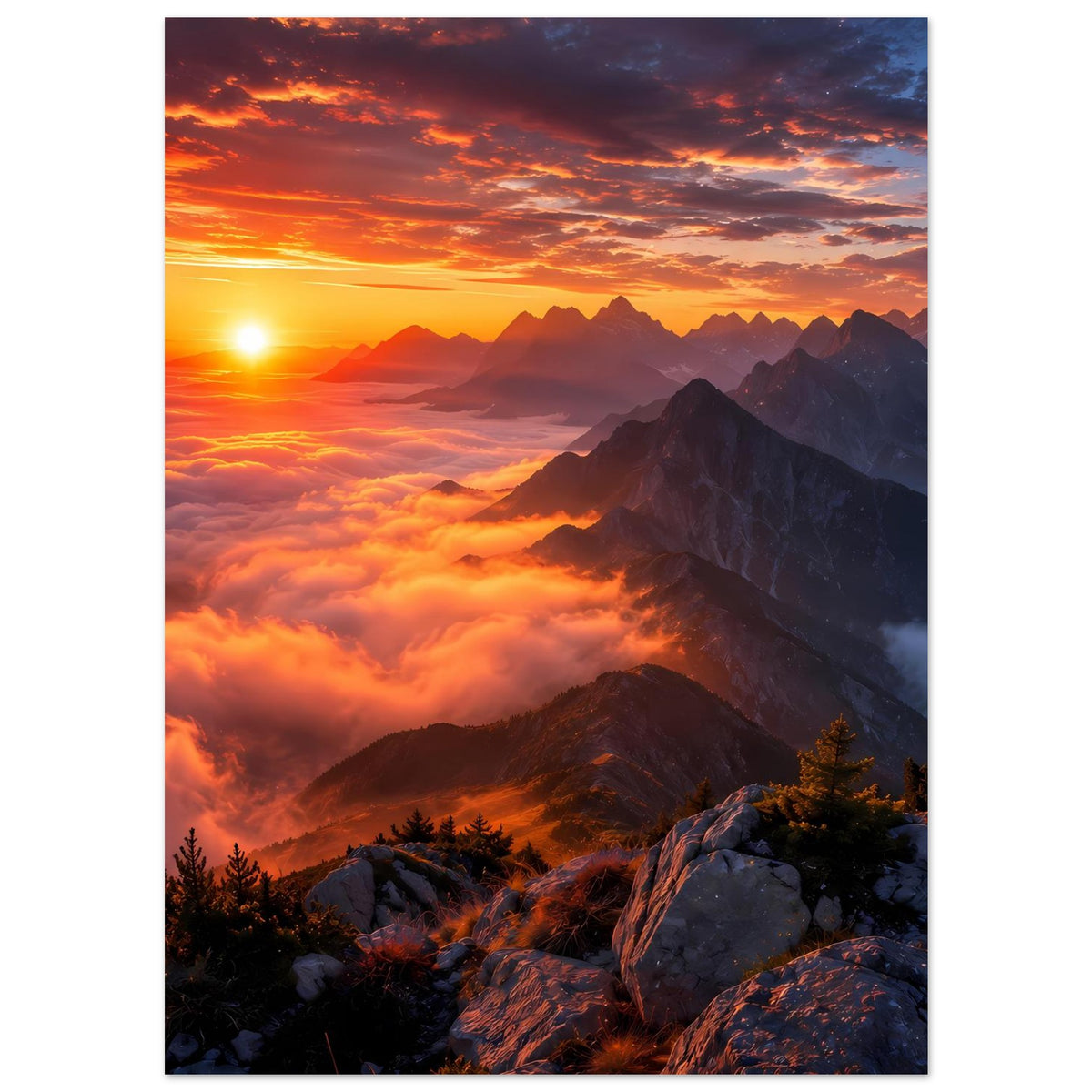 Vertikales Poster mit Sonnenaufgang über Bergmassiv und Fichten am Felsen