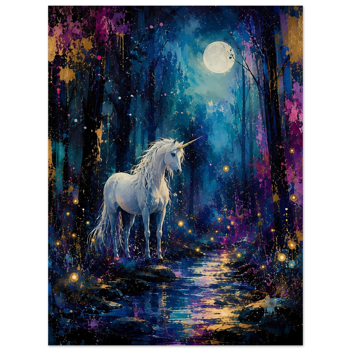 Gerahmtes Einhorn-Poster mit weißem Einhorn, hellem Mond und buntem Licht auf Wasserweg