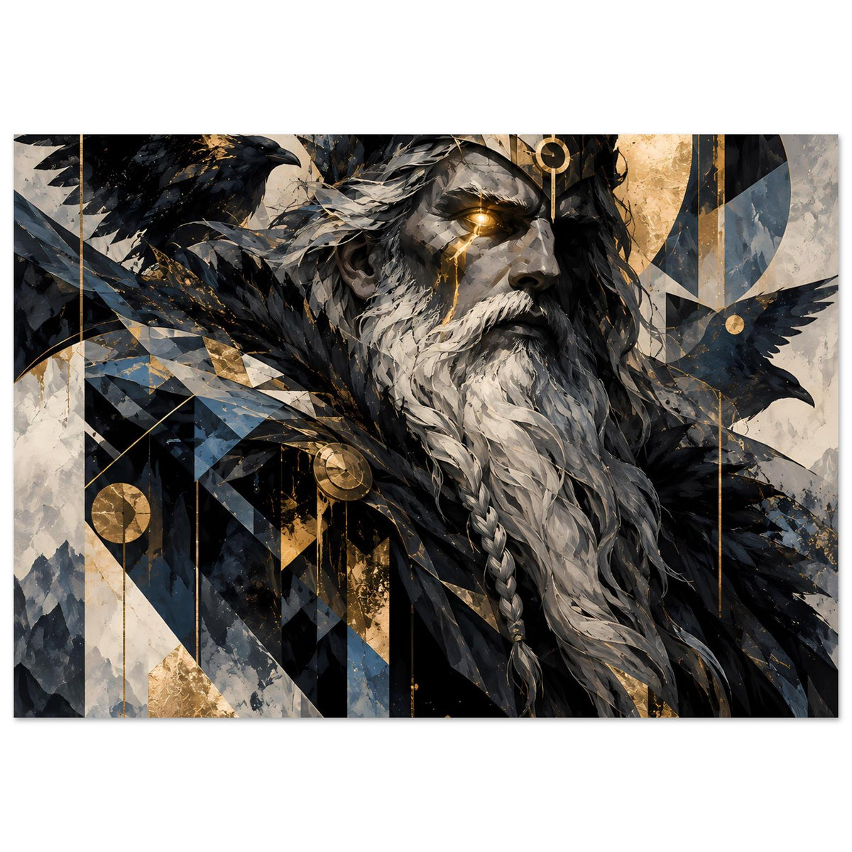 Poster mit Odin-Porträt: Rabe, goldene Akzente und Runenmuster in Schwarz, Gold, Blau