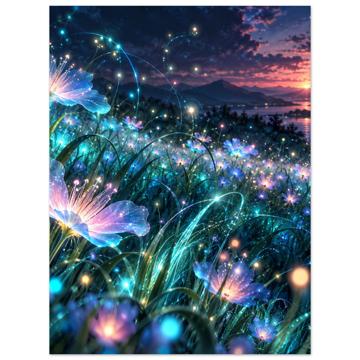 Blumenposter mit glühenden blauen Blüten, Lichtpunkten und ruhiger Landschaft bei Sonnenuntergang