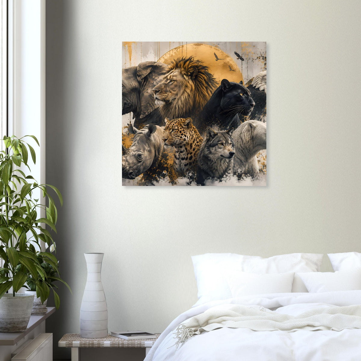 Wildtier-Poster: Löwe und Panther sowie weitere Raubkatzen in Gold- und Schwarztönen