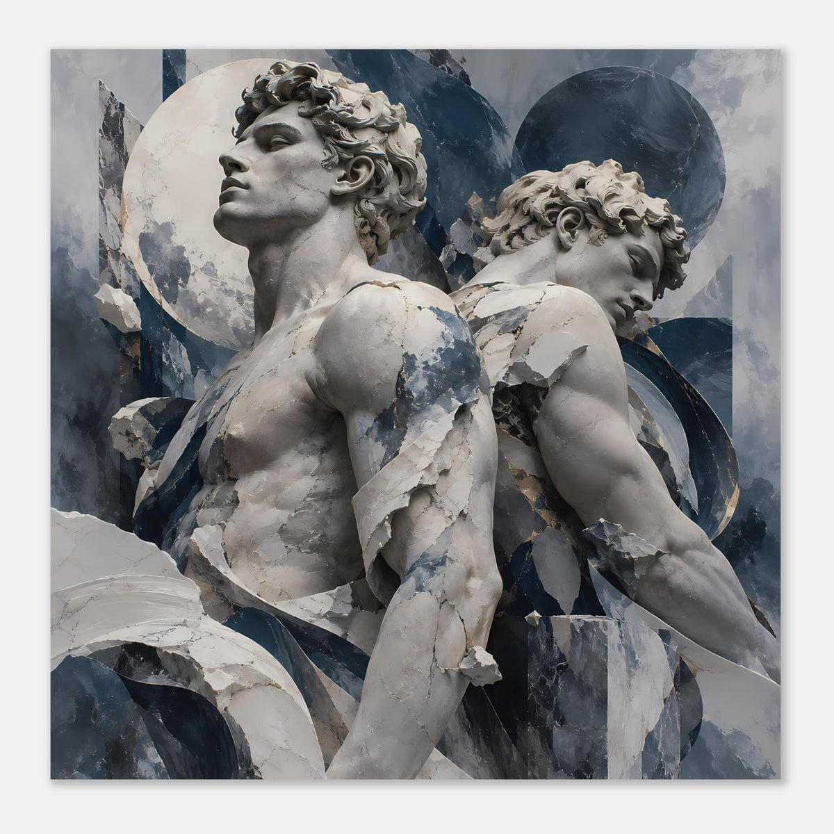 Poster mit zwei antiken Statuen in Weiß und Blau, vertikal, ganzer Oberkörper