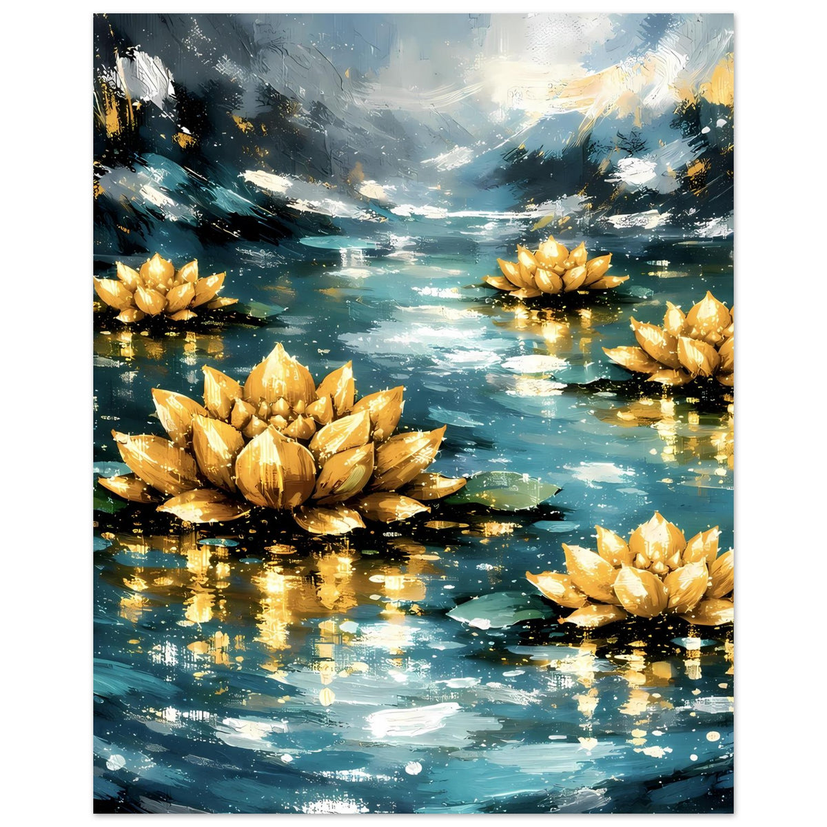 Poster mit goldenem Lotus-Motiv: blaugrüner Teich mit leuchtenden Reflexen und Wasseroberfläche