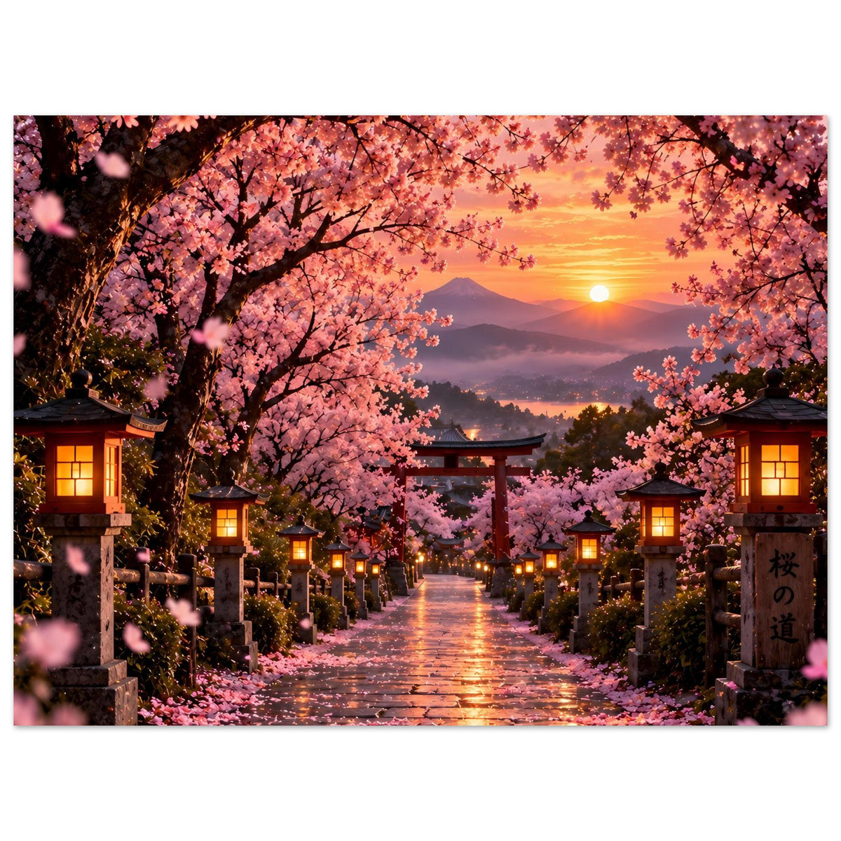 Sakura-Poster mit Kirschblütenweg, Torii und tief stehender Sonne über Bergnebel