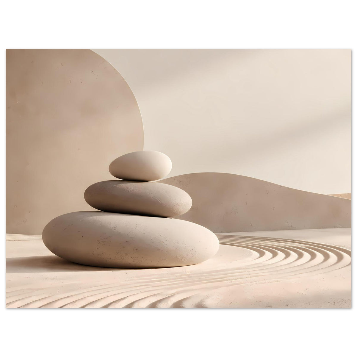 Poster im Querformat: Steinstapel auf Sand mit feinen Kreislinien, in warmen Beige-Nuancen