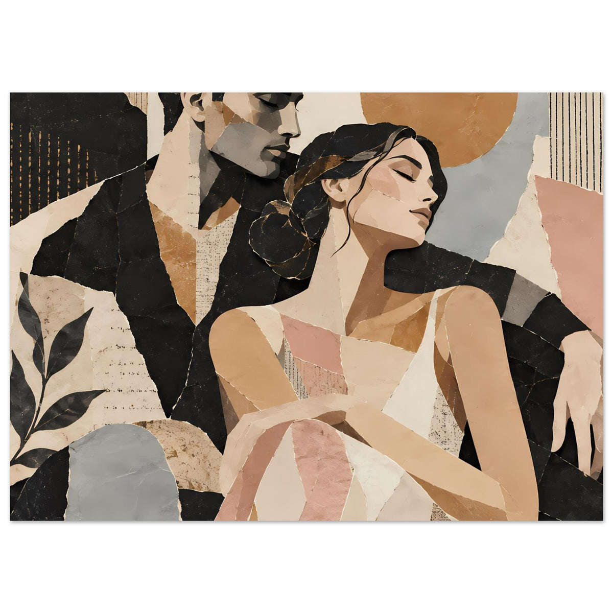 Kunstposter mit Paarporträt in warmen Erdtönen, schwarze Linien, beige, rosafarbene und hellgraue Flächen