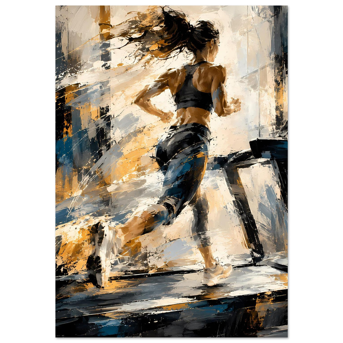 Laufposter mit abstrakter Joggerin, schwarzes Outfit, goldene und blaue Farbakzente