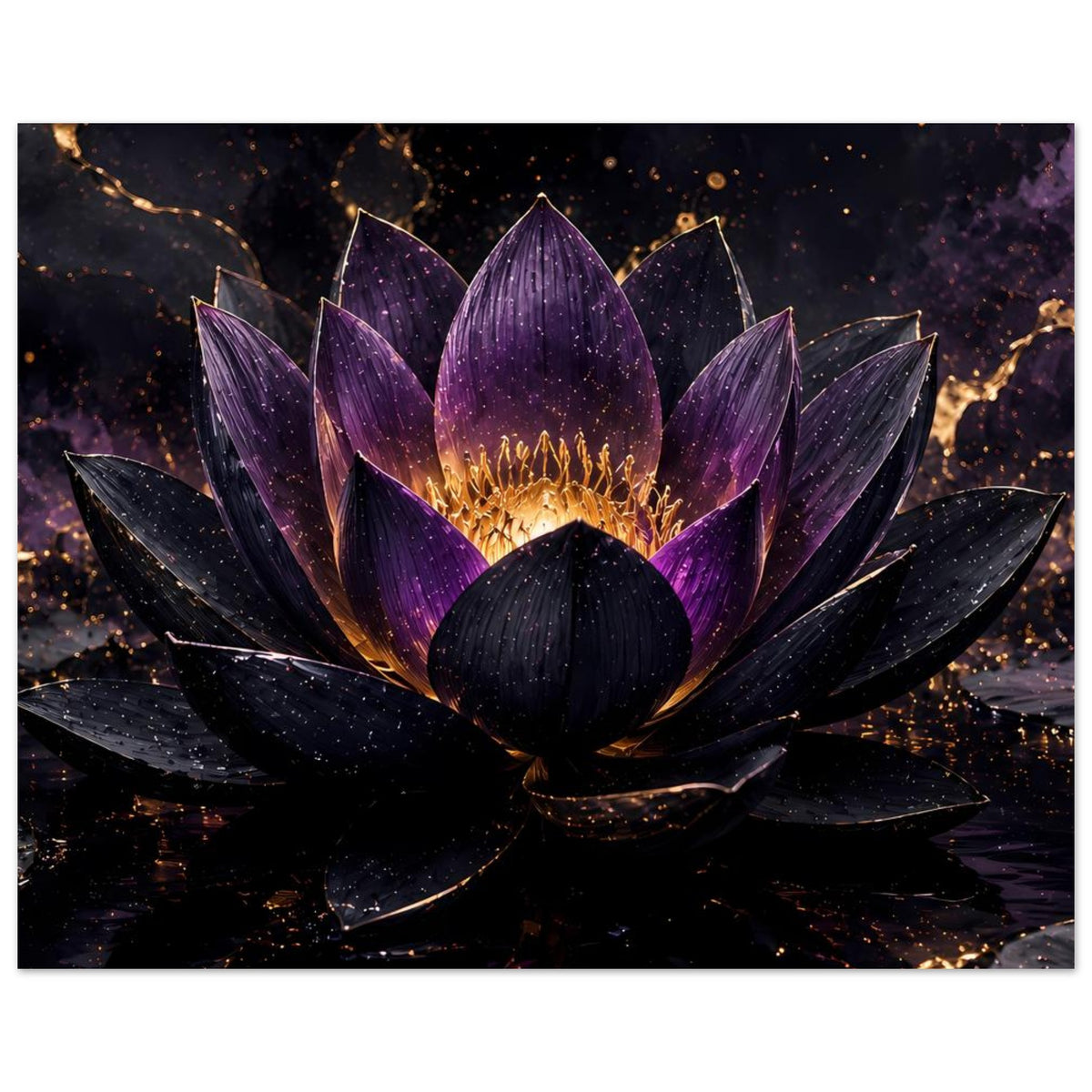 Poster mit Lotusblüte in Violett und Gold, Querformat