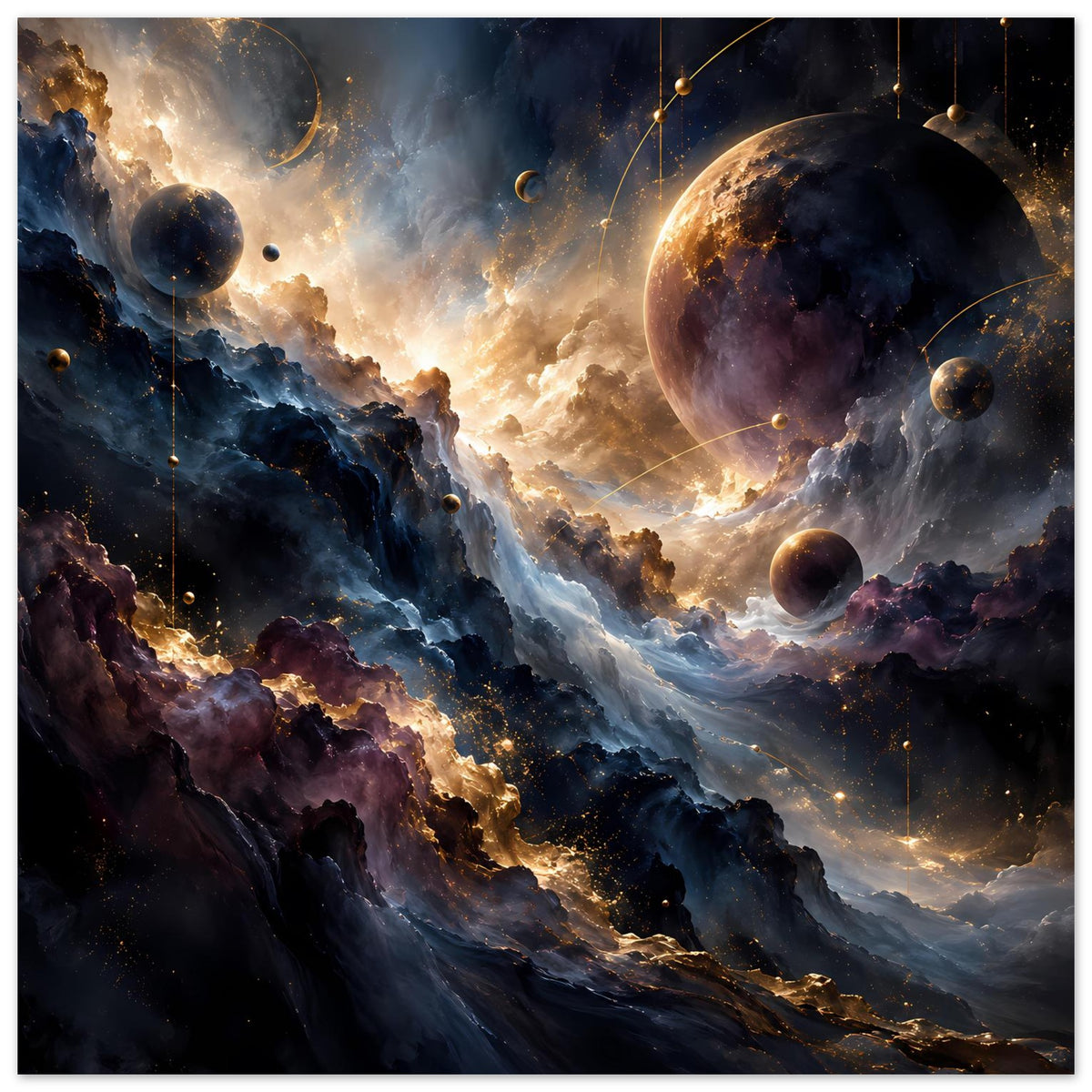 Kosmos-Kunstposter mit violetten Planeten, Sternen und goldenen Lichtern über Wolkenlandschaft