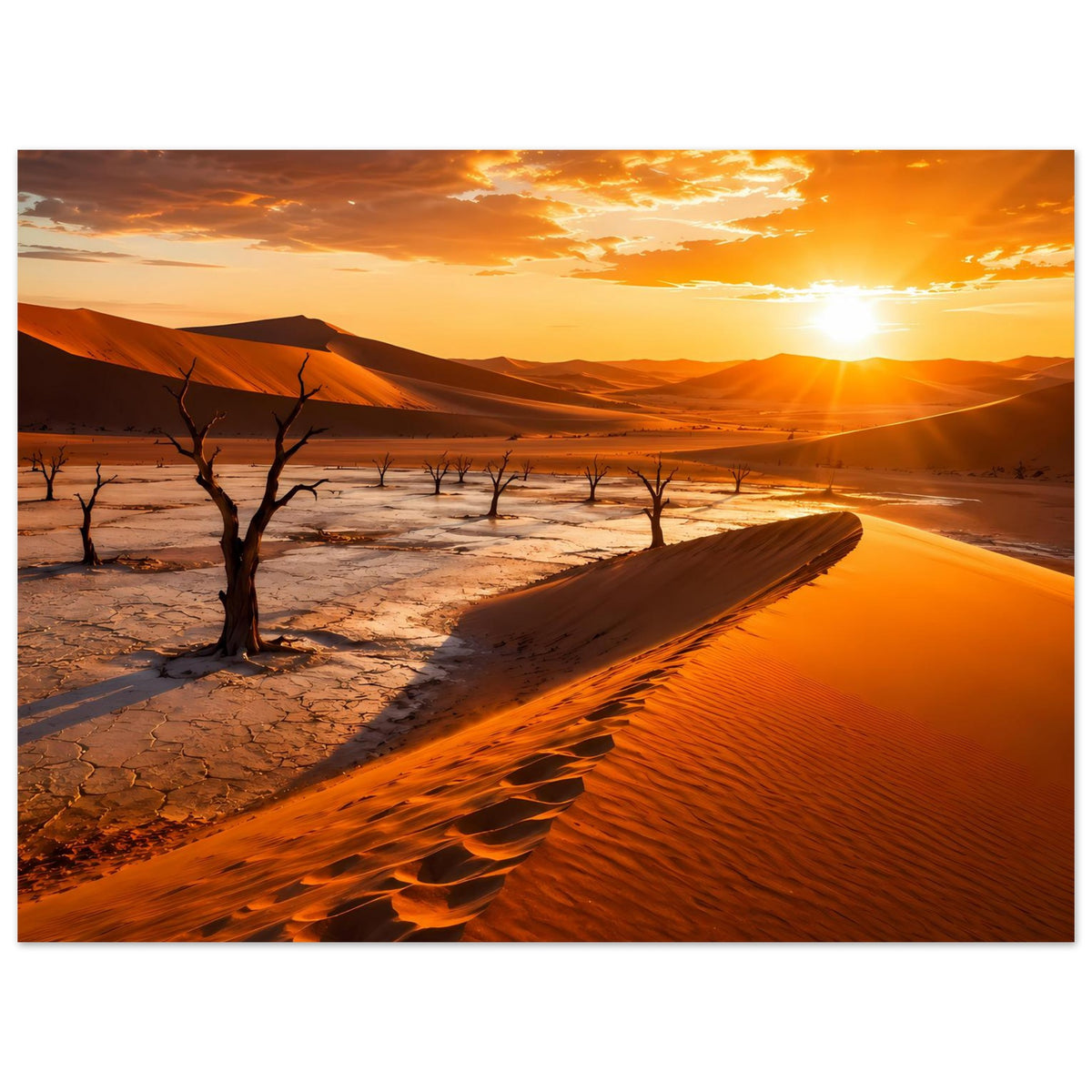 Poster Querformat: Sonnenuntergang über Dünen mit gewundenem Sandkamm und trockenen Baumstämmen.