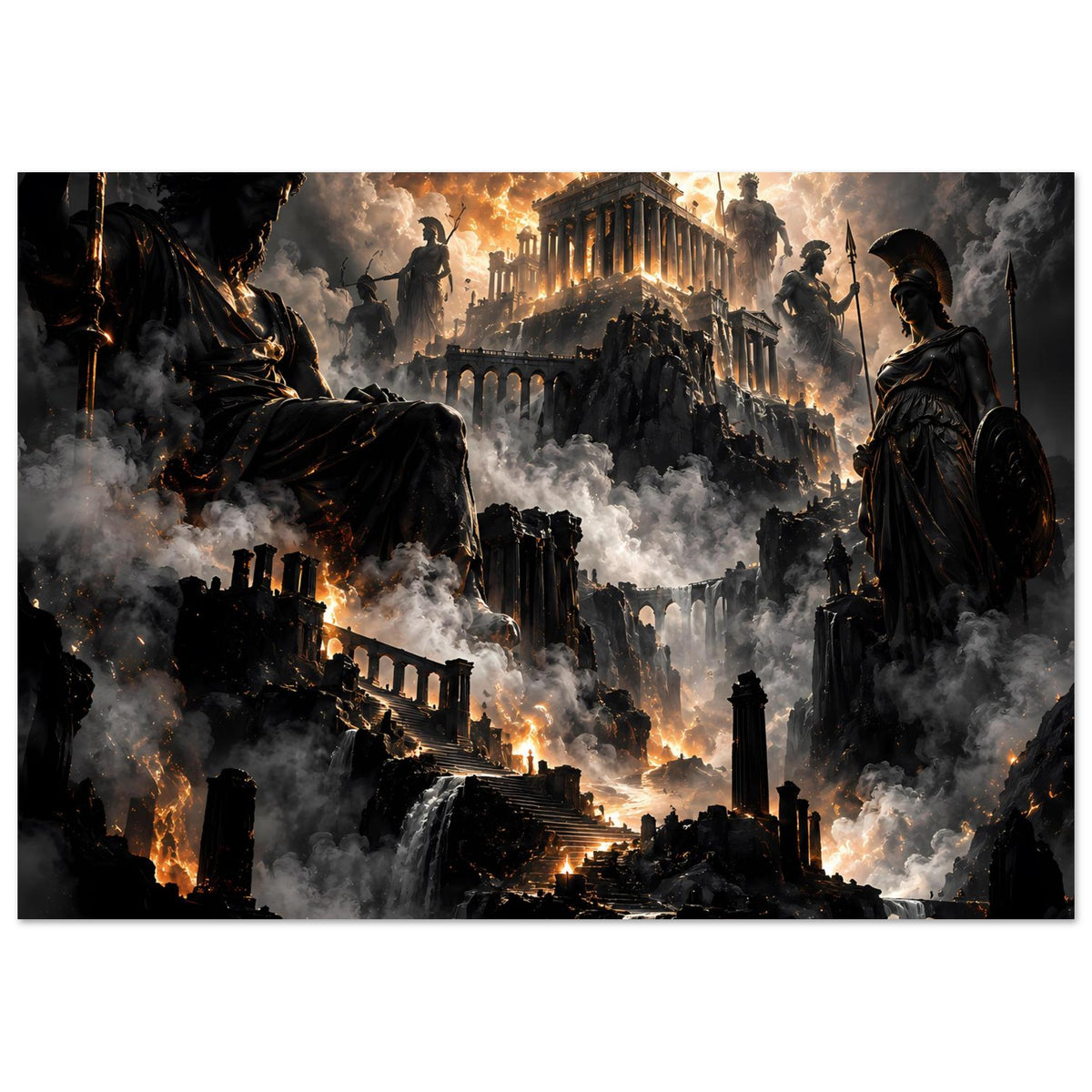Fantasy-Poster im Querformat mit düsteren Ruinen, Flammen und Kriegerfiguren