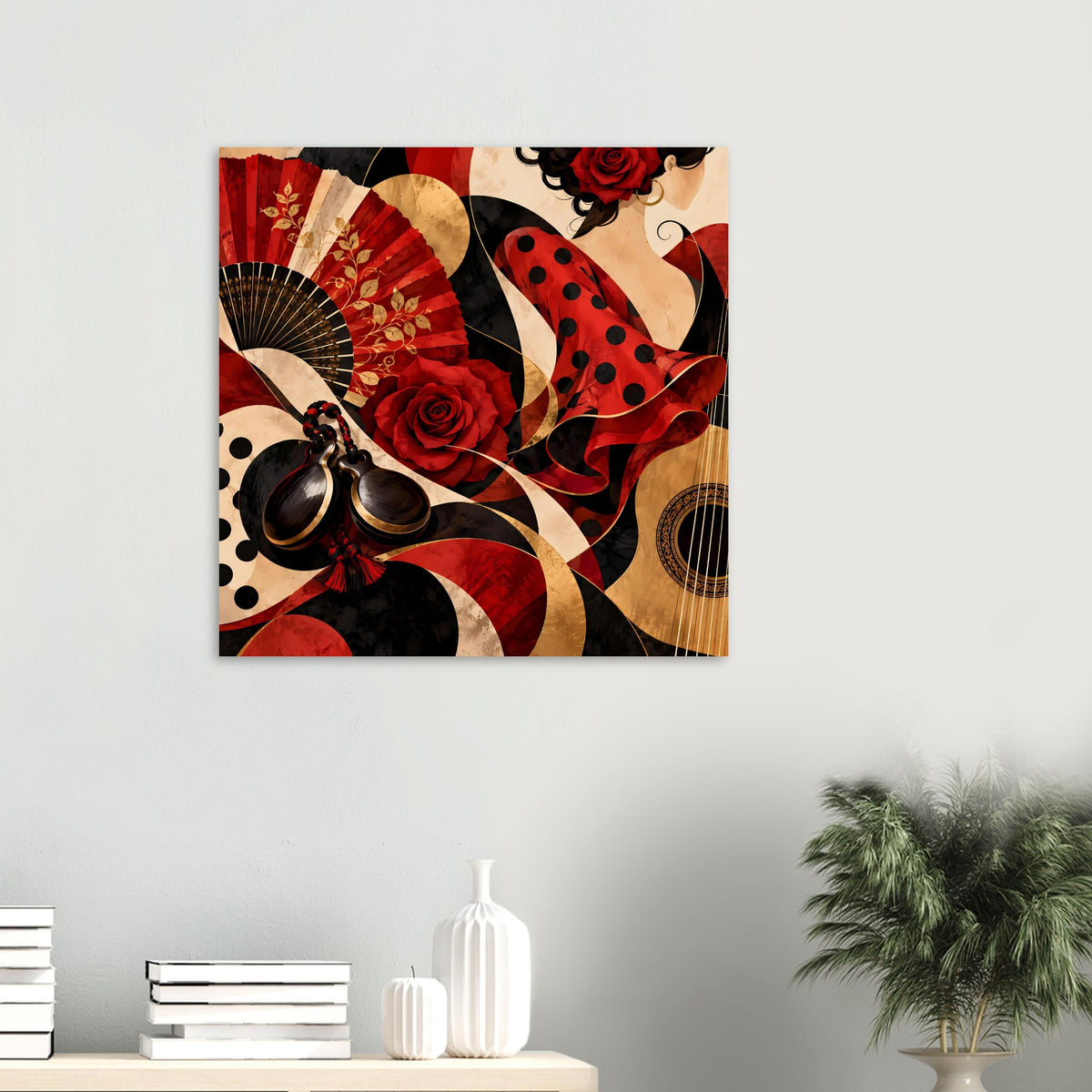 Horizontales Poster mit Flamenco-Motiv: rote Rose, gepunktetes Kleid, Fächer
