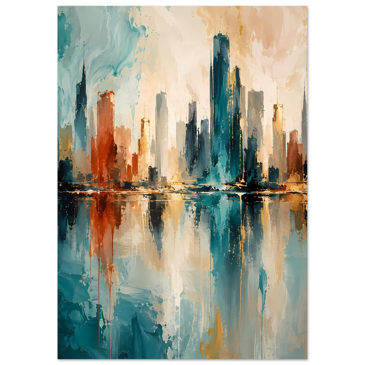 Abstraktes Skyline-Poster mit reflektierender Wasserfläche, Blau, Gold und Rostfarben