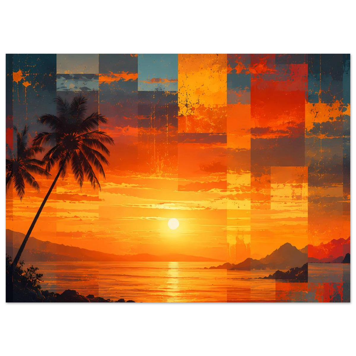 Kunstposter im Querformat mit Sonnenuntergang über Meer, Palme links, Orange Patchwork