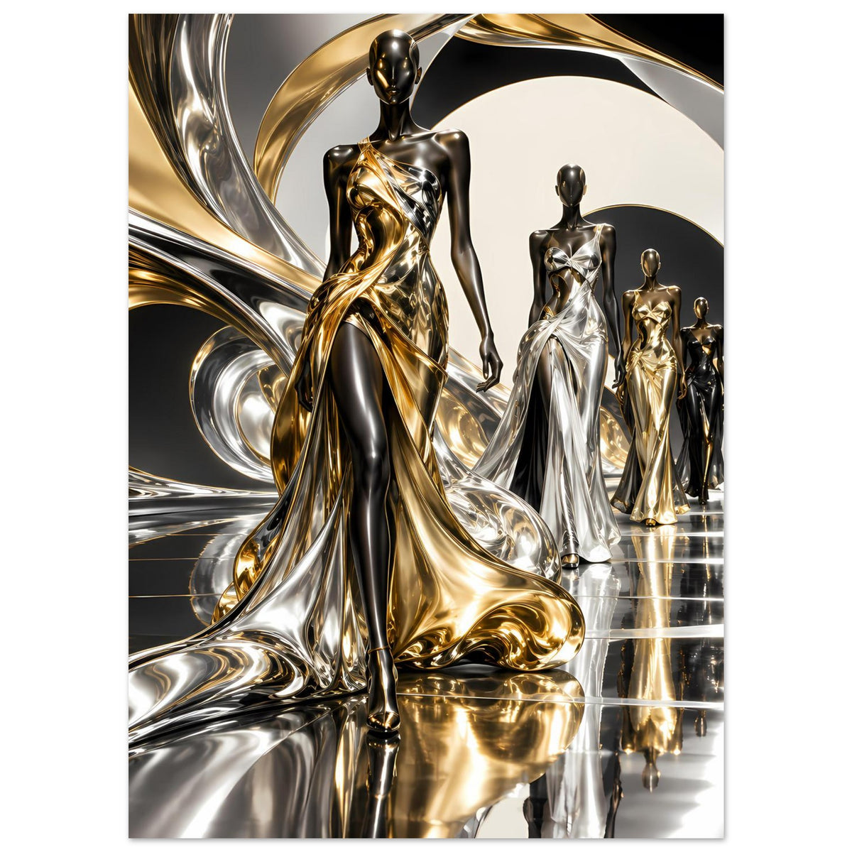 Poster mit mehreren stehenden Metallfiguren in Gold, Silber und Schwarz, Spiegeloptik
