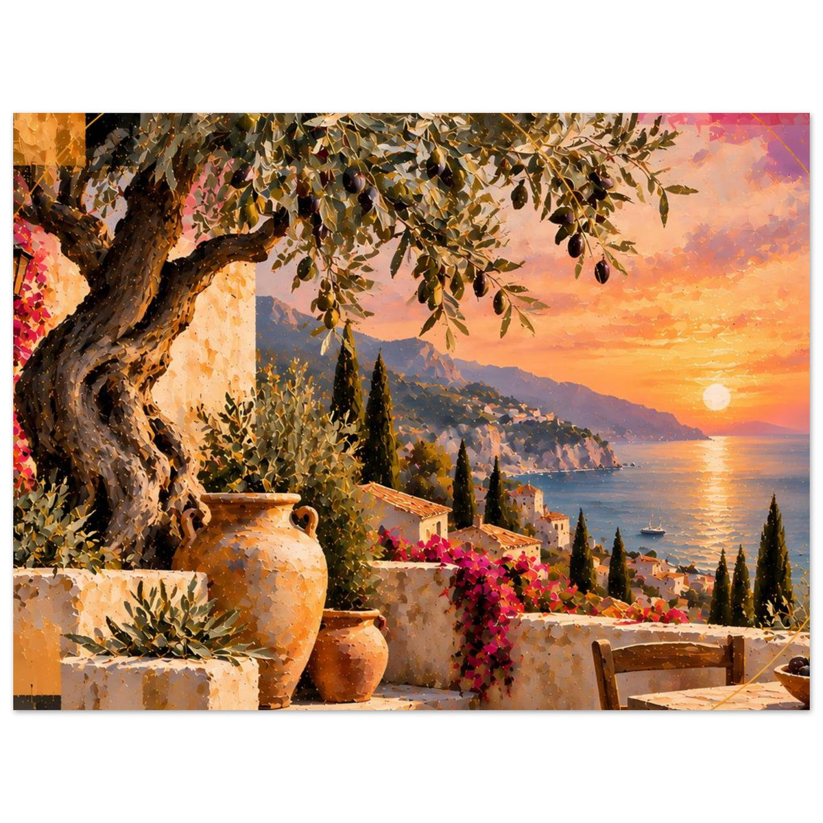 Kunstposter mit Terrasse vorne, Tongefäßen und Sonnenuntergang am Meer